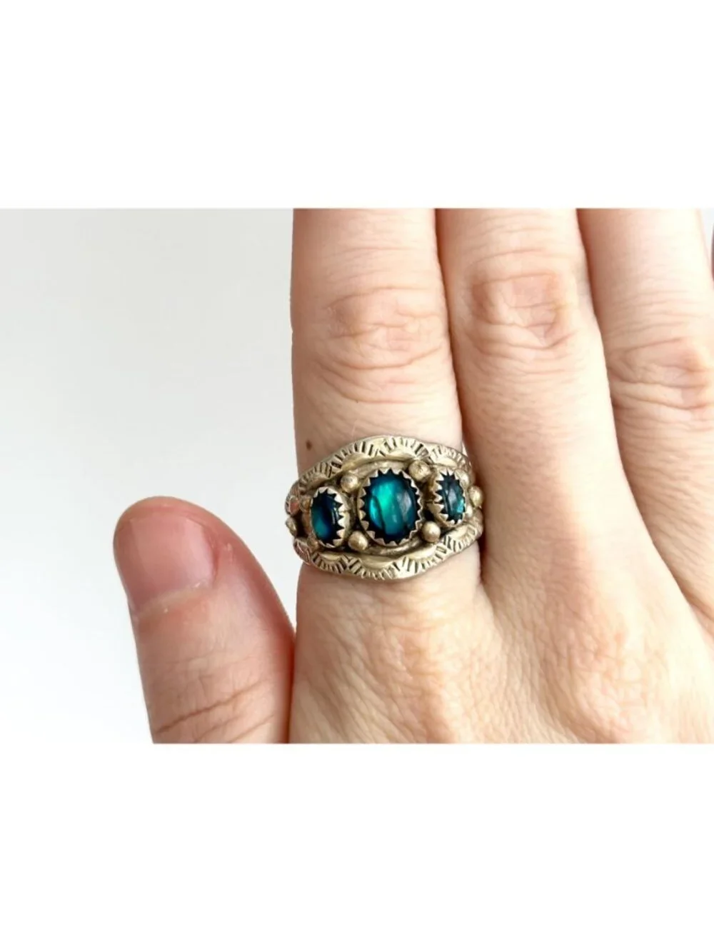 Navajo Blue Abalone Gemstone Southwest Sterling Silver 925 Vintage Ring - sz 10